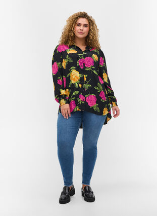 Floral viscose shirt with smocking, Black Flower AOP, Model image number 2