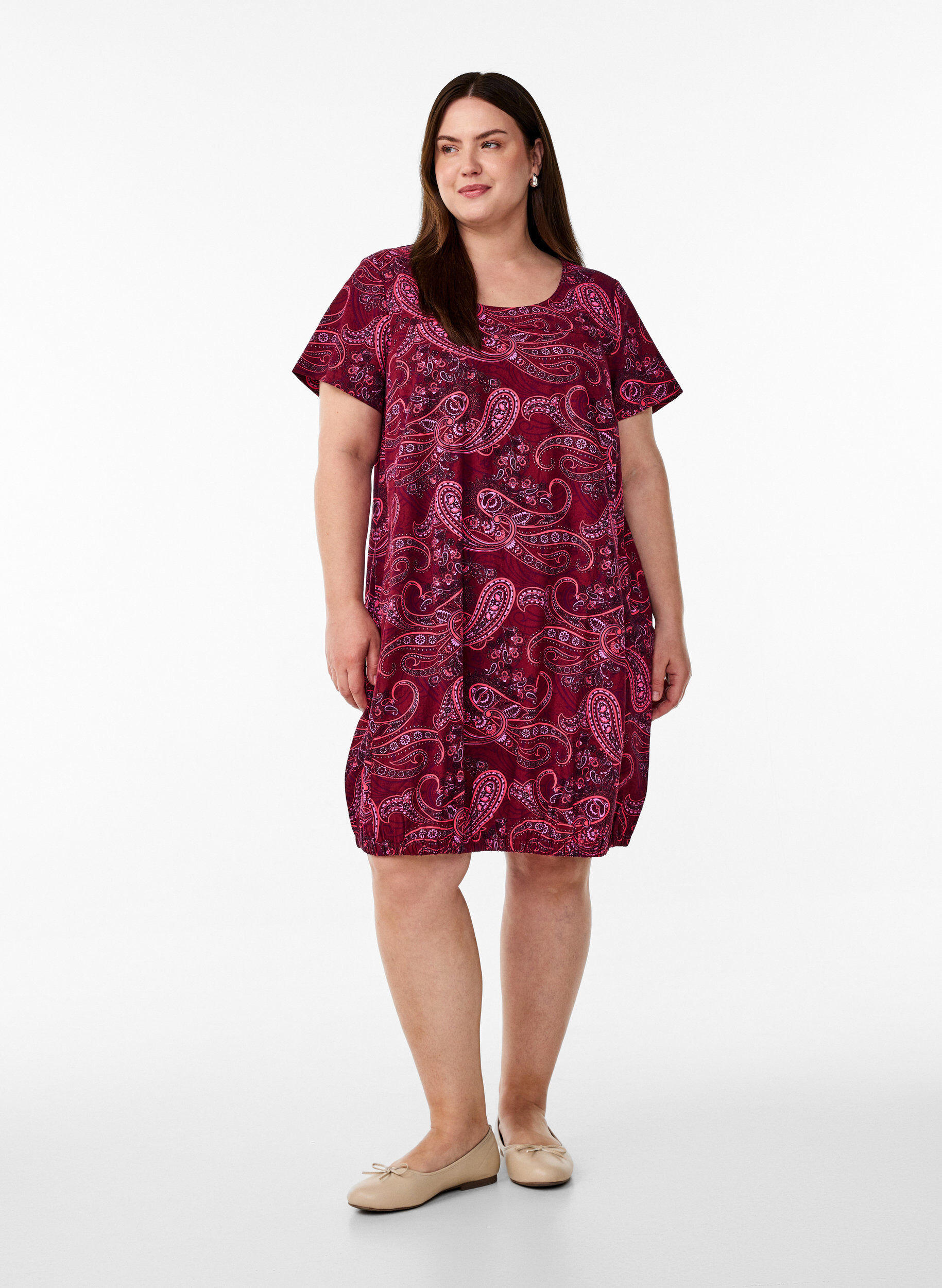 Zizzifashion Short-sleeved cotton dress with print, Red, Model image number 1
