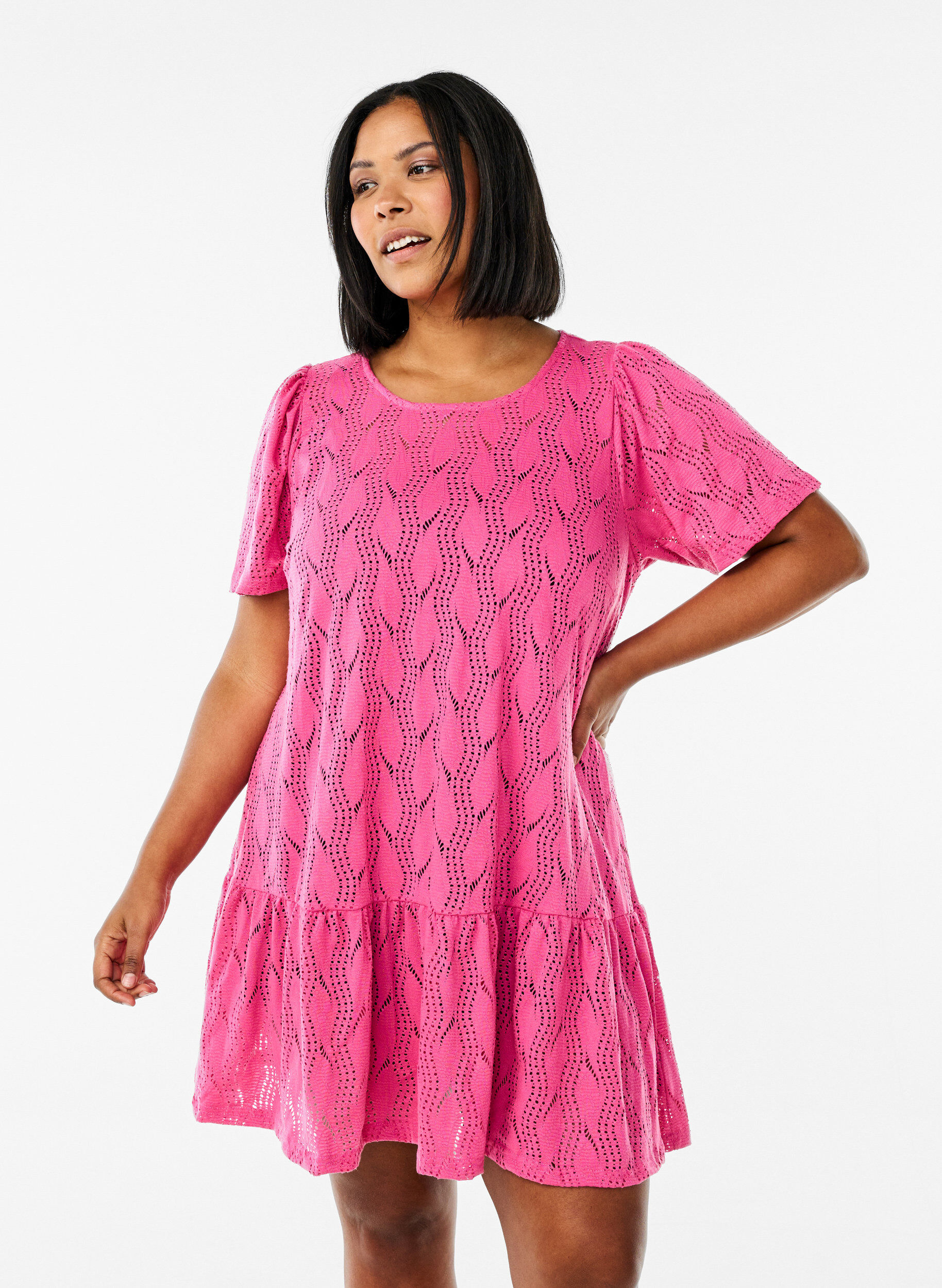 Zizzifashion Short jersey dress with eyelet pattern, Pink, Model image number 0