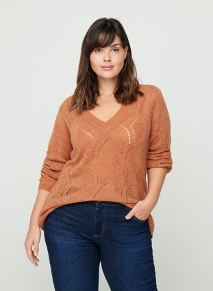Pattern knitted top with wool, Amber Brown MEL, Model image number 0