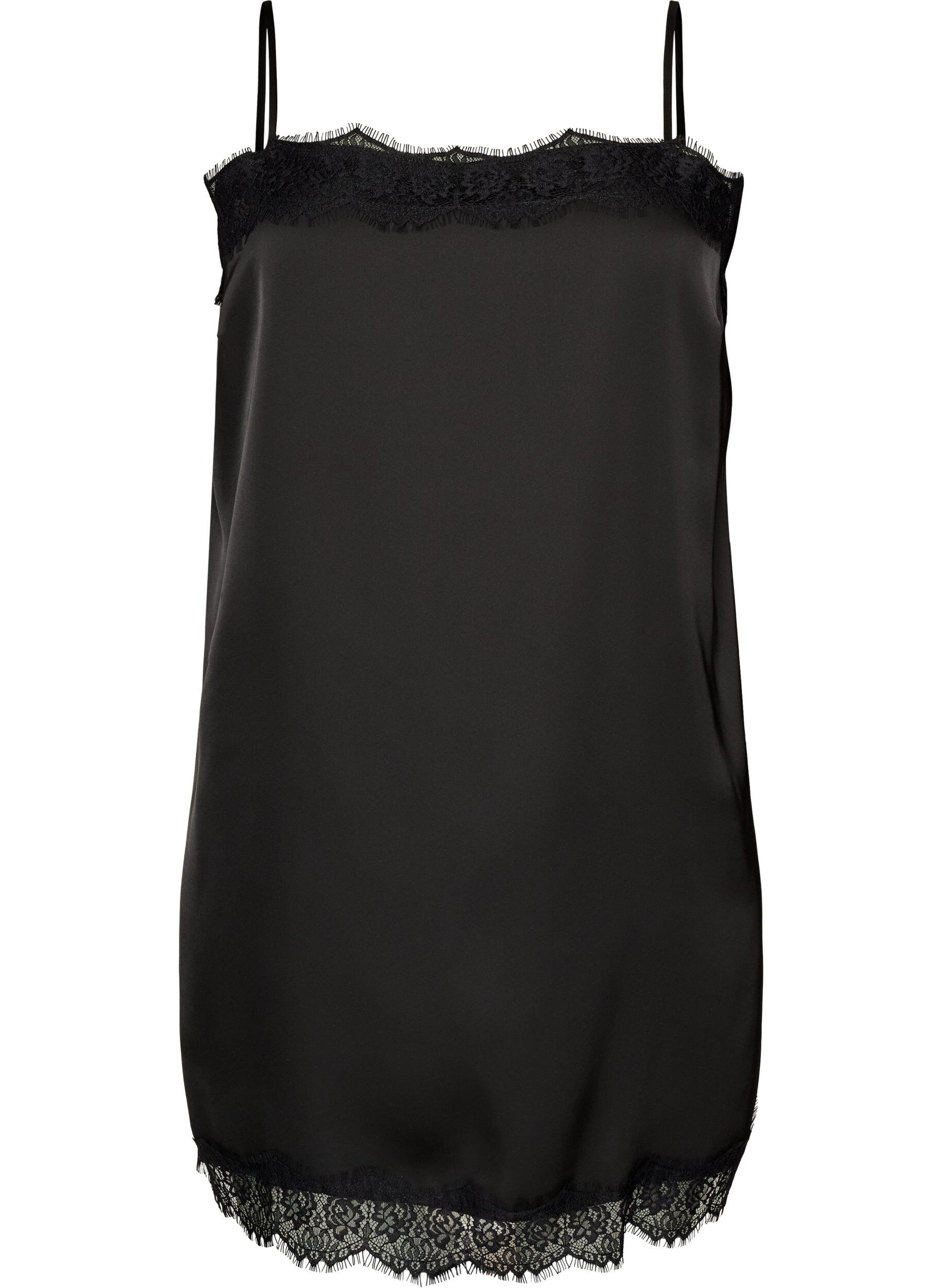 ZizzifashionLong satin top with lace edges, Black, Packshot image number 0