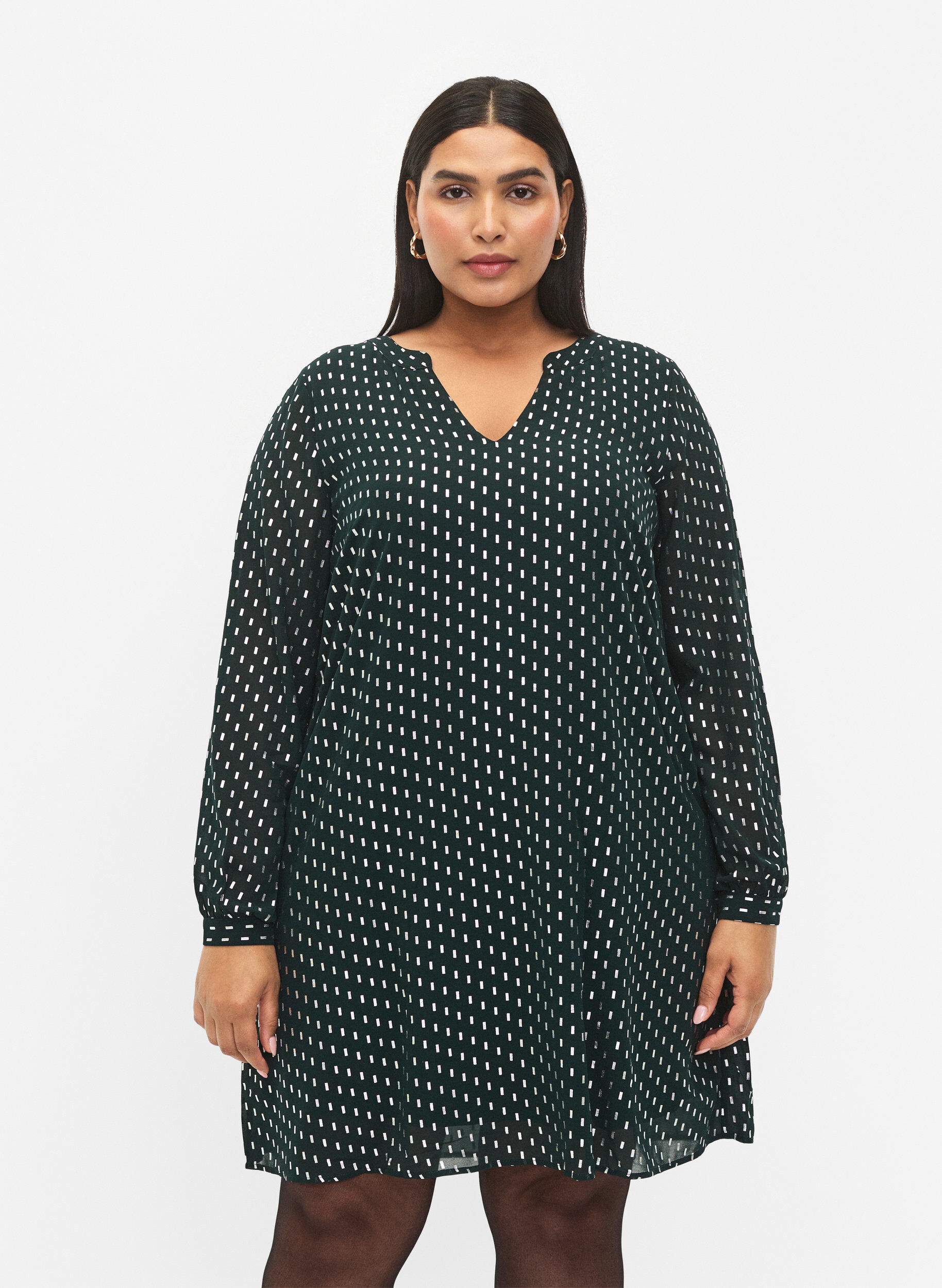 Zizzifashion Long-sleeved dress with foil print, Scarab w. Silver, Model image number 0