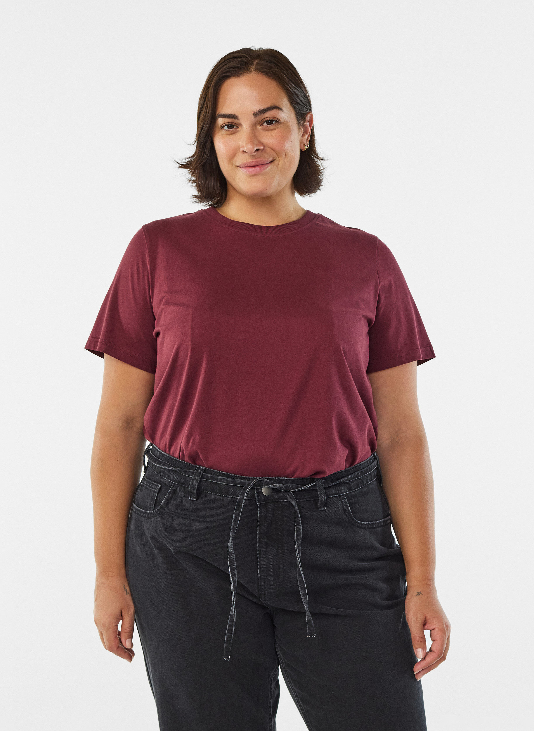 ZizzifashionBasic cotton T-shirt with round neck, Dark Bordeaux, Model image number 0