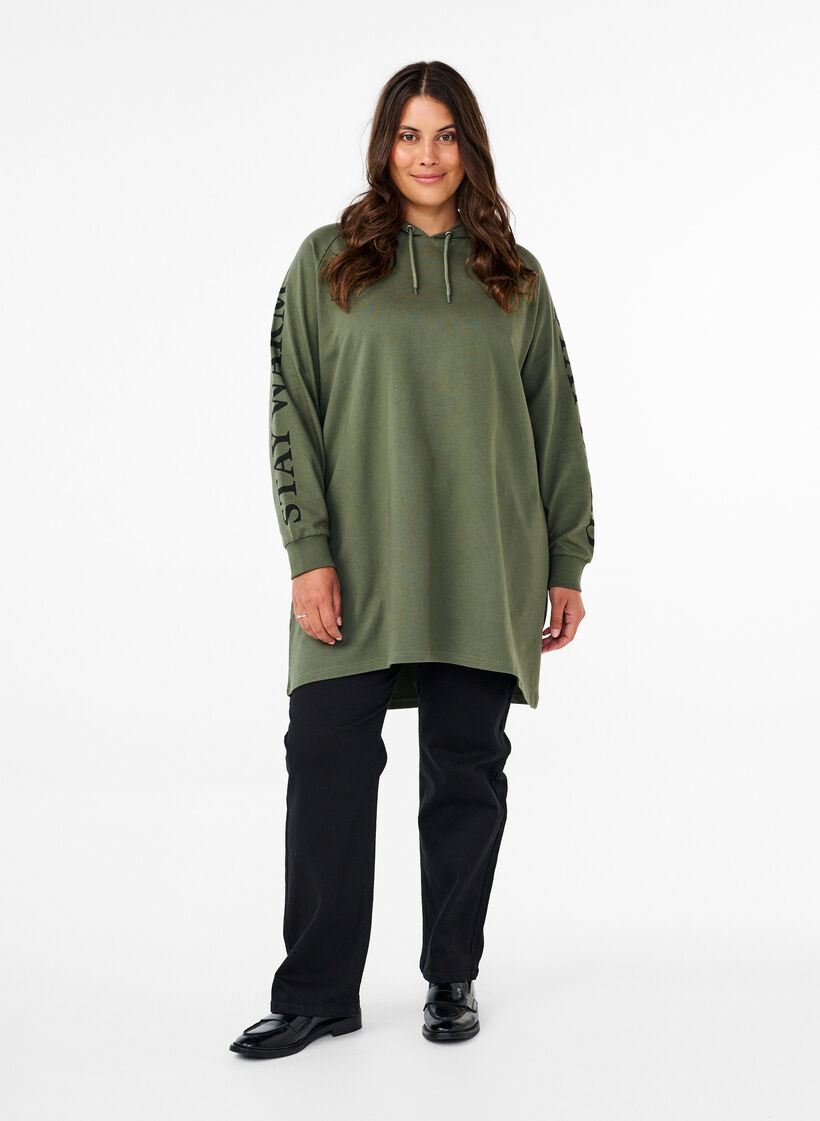 Oversize sweatshirt with print on the sleeves, Thyme w. Black, Model image number 2