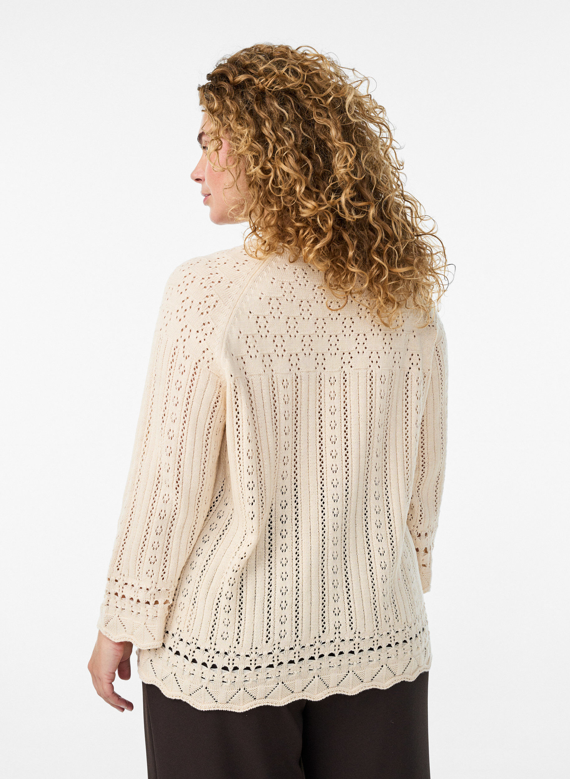 Zizzifashion Knitted top with eyelet embroidery and 3/4 sleeves, Beige, Model image number 2