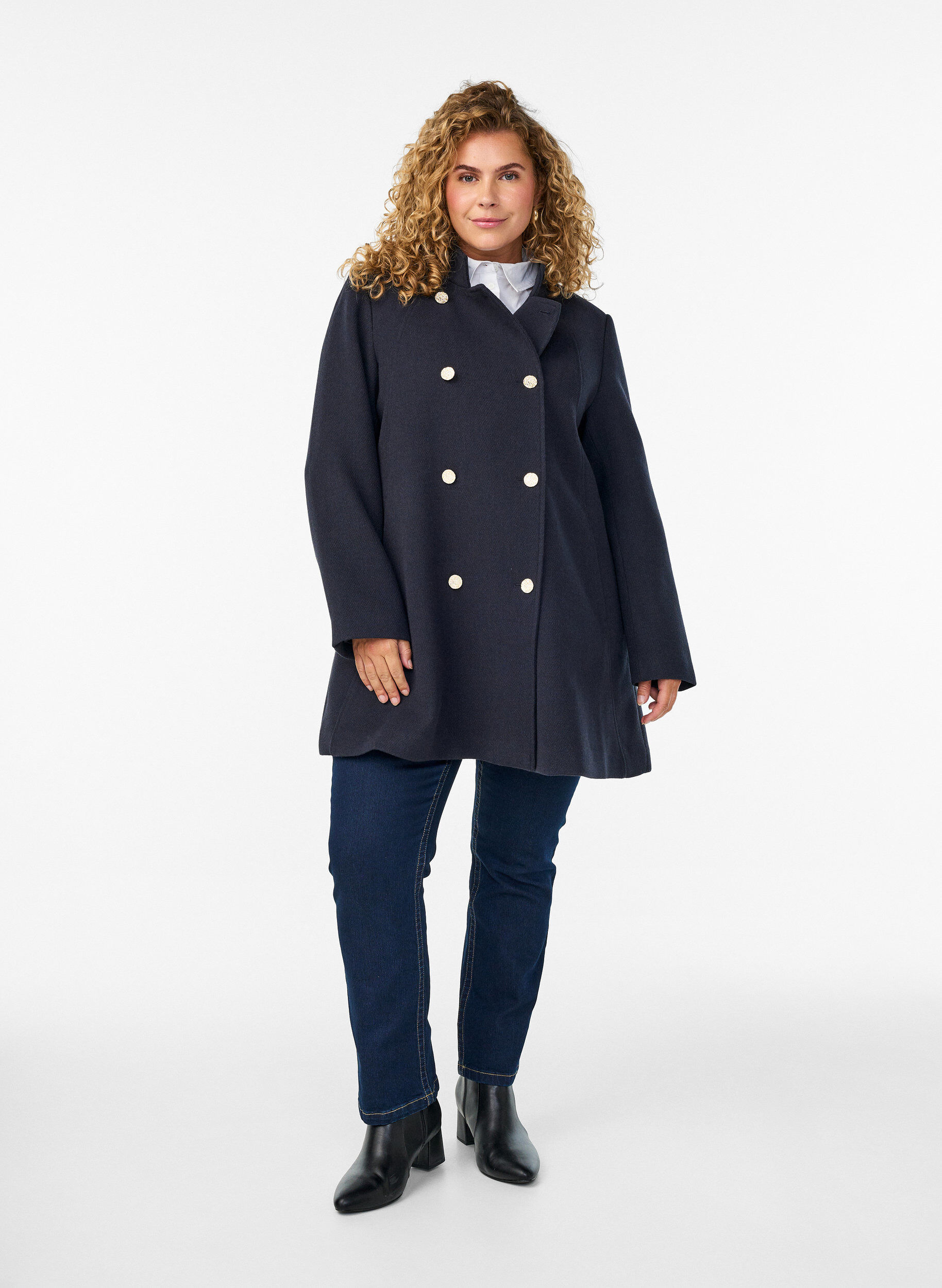 Zizzifashion A-line coat with gold buttons, Blue, Model image number 1