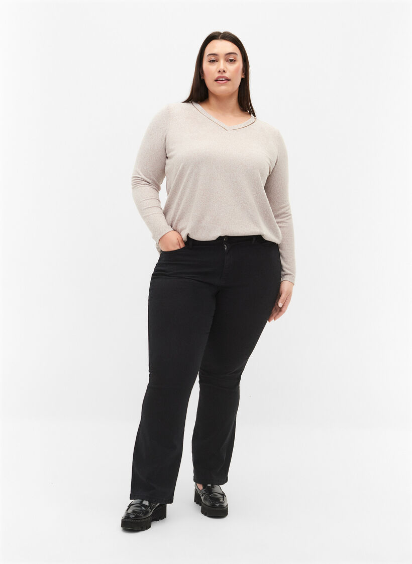 Top with v-neck and long sleeves, Beige, Model image number 1