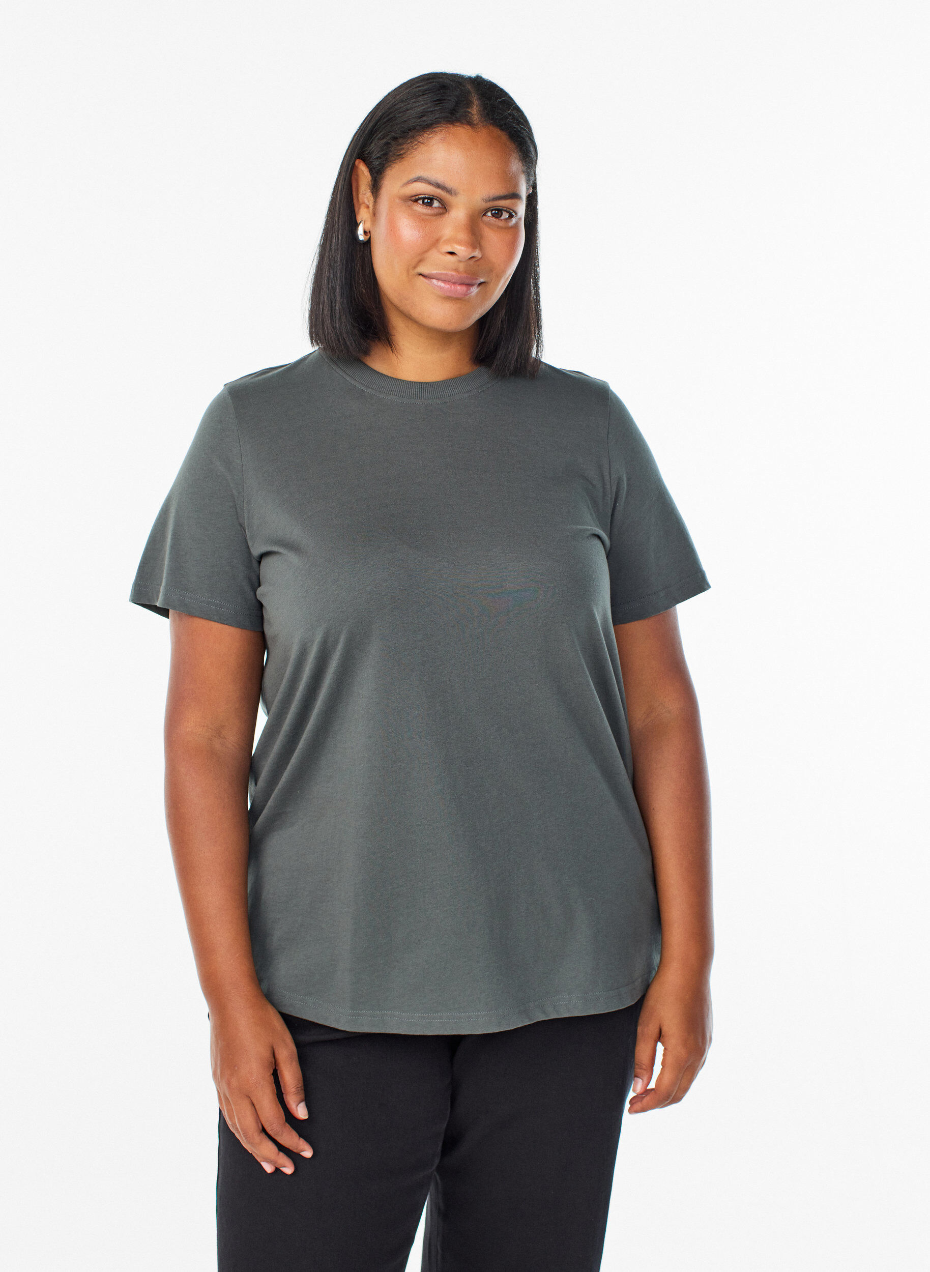 Basic cotton T-shirt with round neck, Green, Model