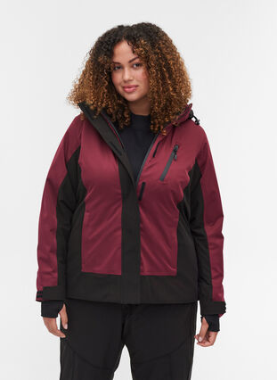 Ski jacket with removable hood and adjustable bottom hem, Burgundy Comb, Model image number 0