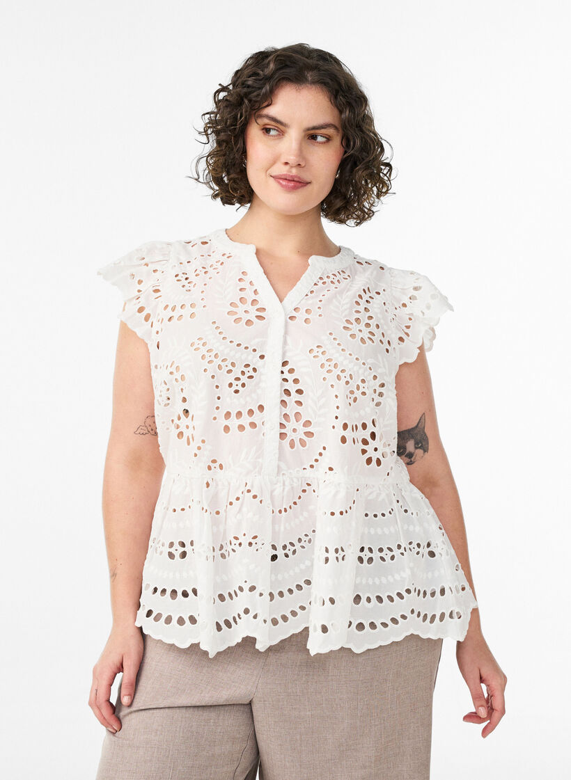 Sleeveless broderie anglaise blouse with ruffles, White, Model image number 0