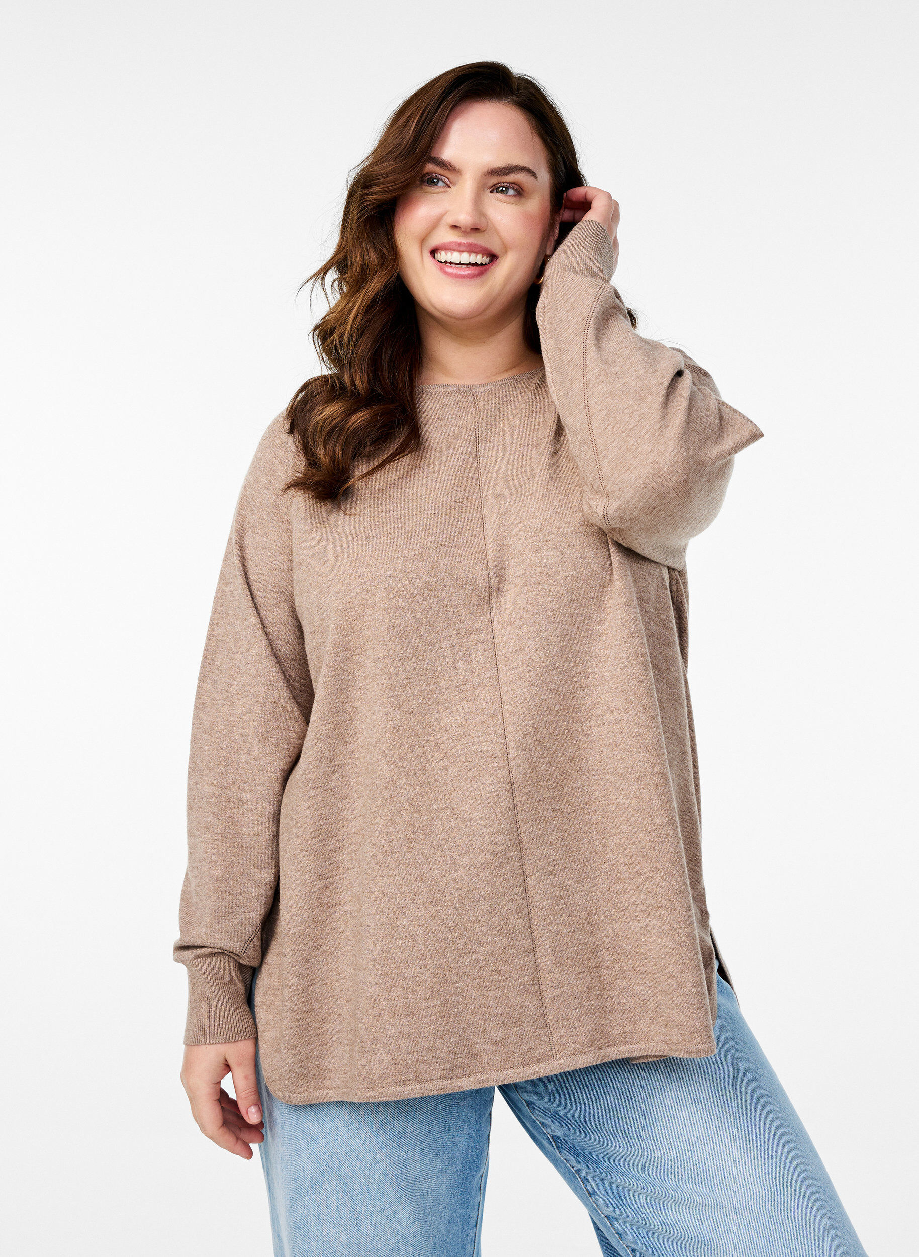 Zizzifashion Knit blouse with round neck and knitted pattern, Brown, Model image number 0