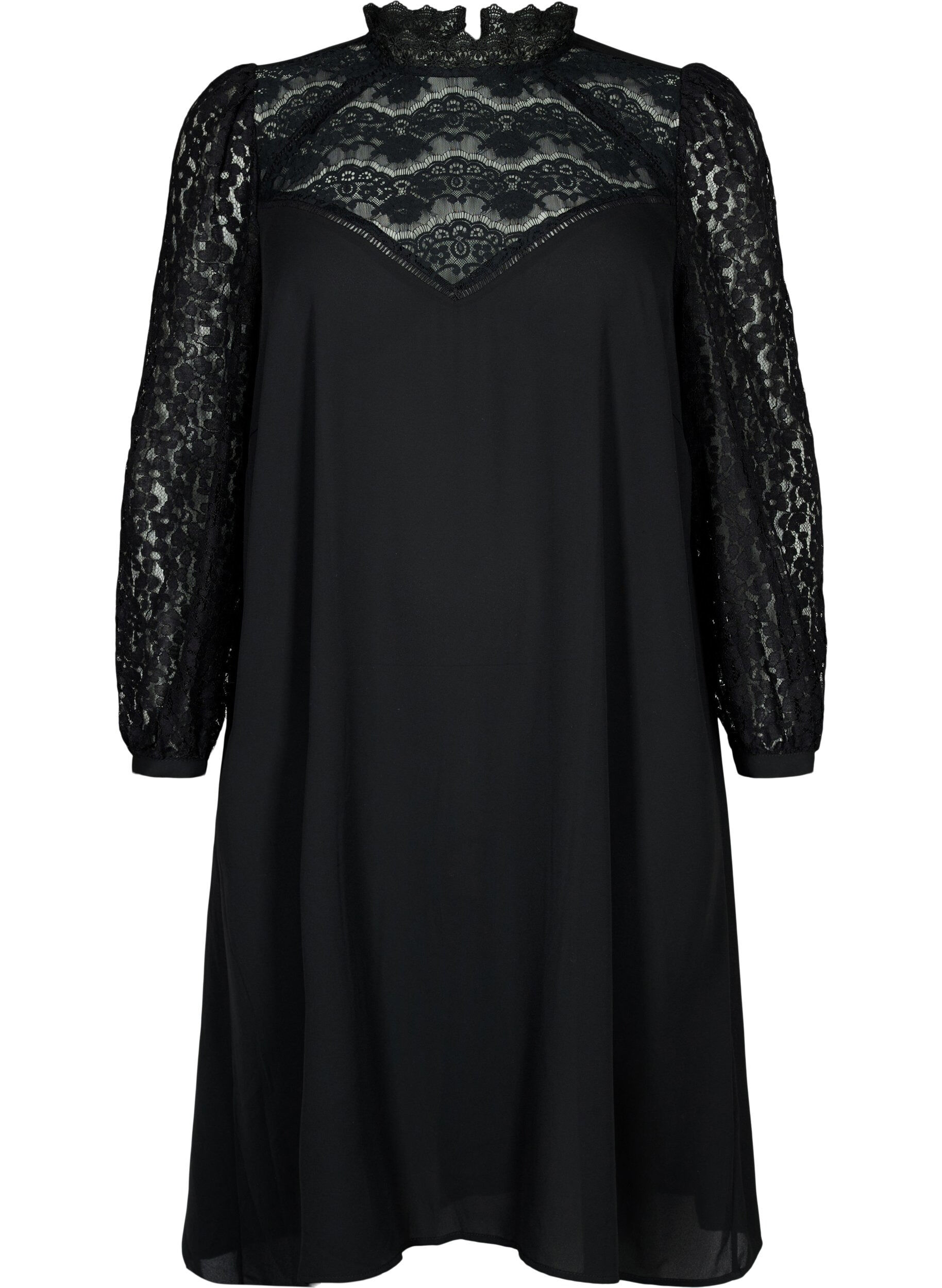 Zizzifashion Long sleeve dress with lace, Black, Packshot image number 0