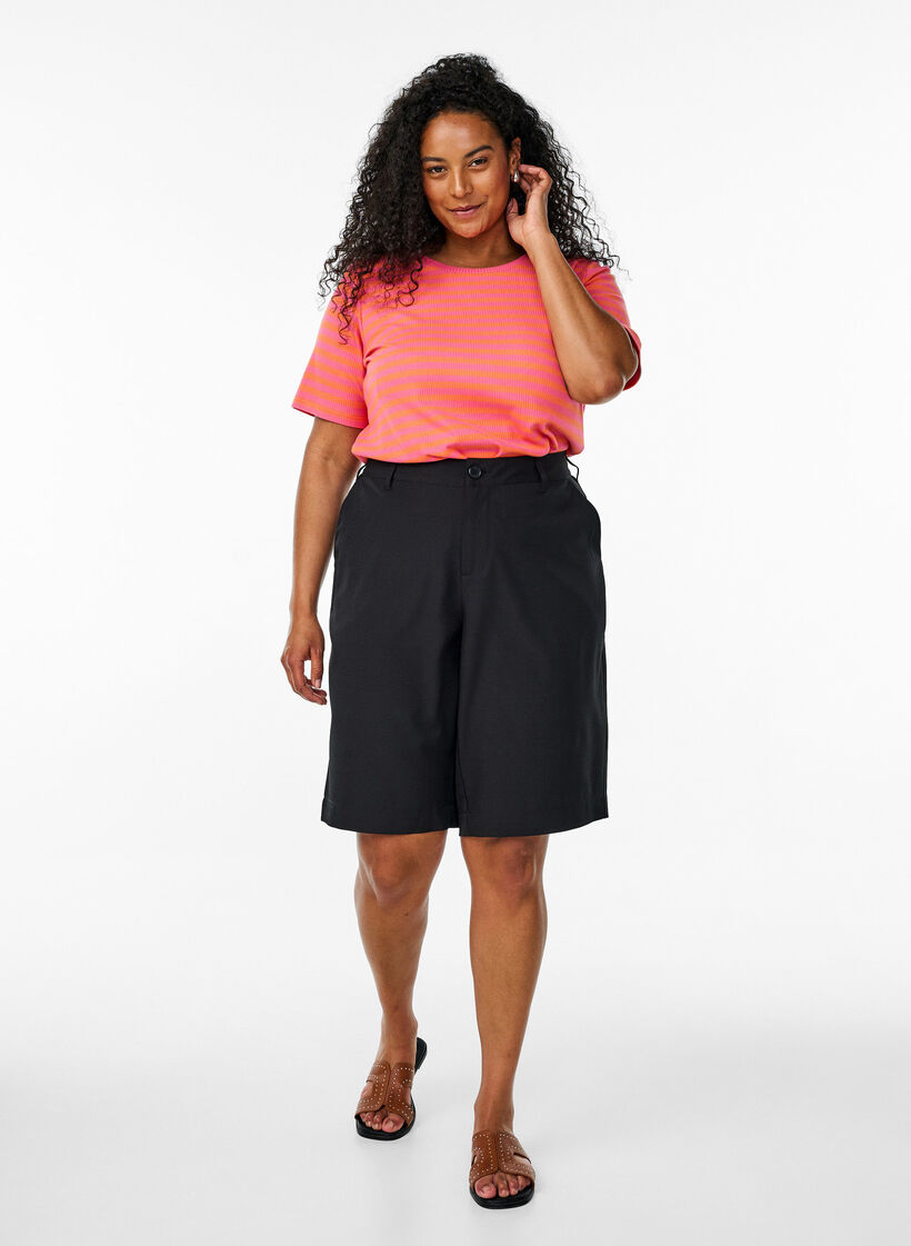 Striped T-shirt with ribbed texture, Coral, Model image number 1