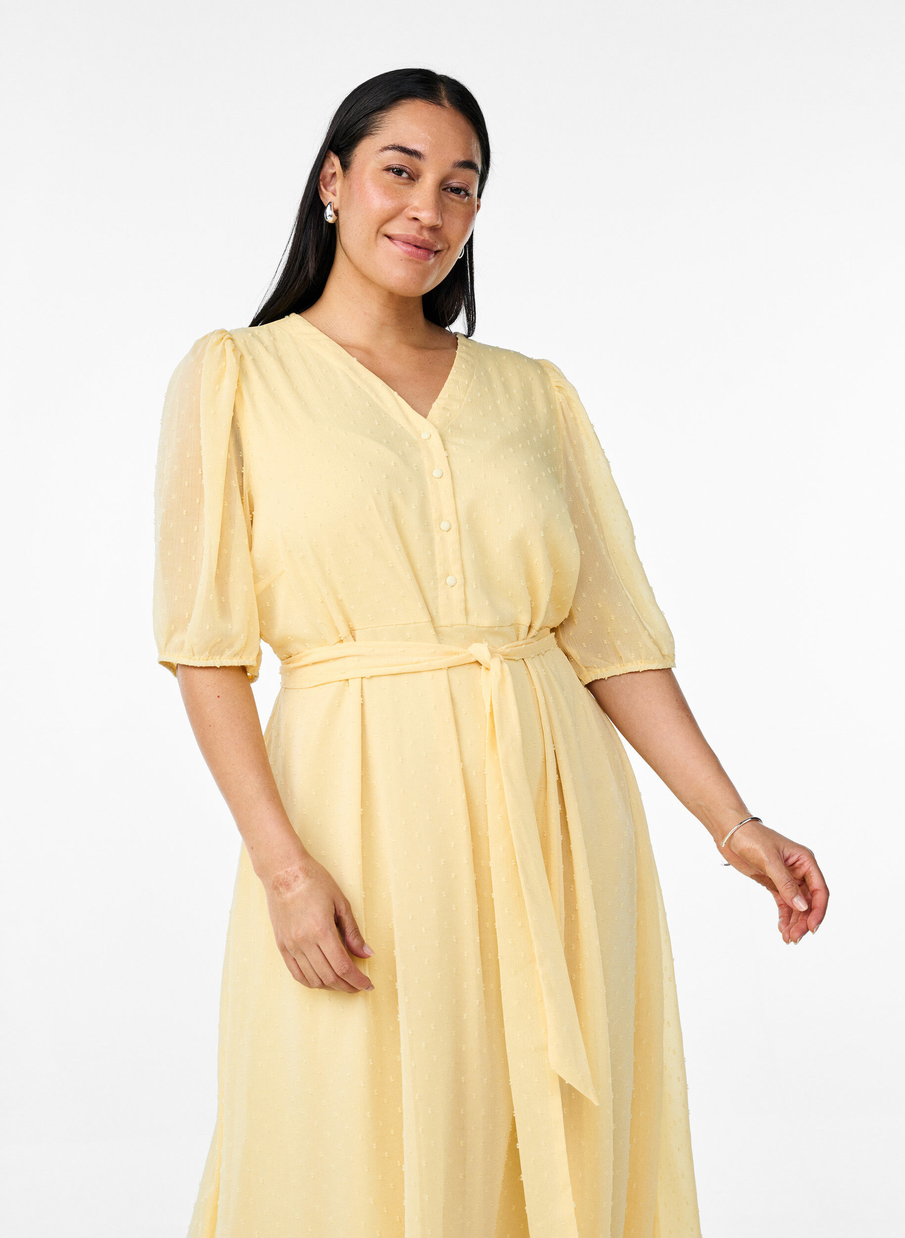 Zizzifashion V-neck midi dress with tie fastening, Yellow, Model image number 2