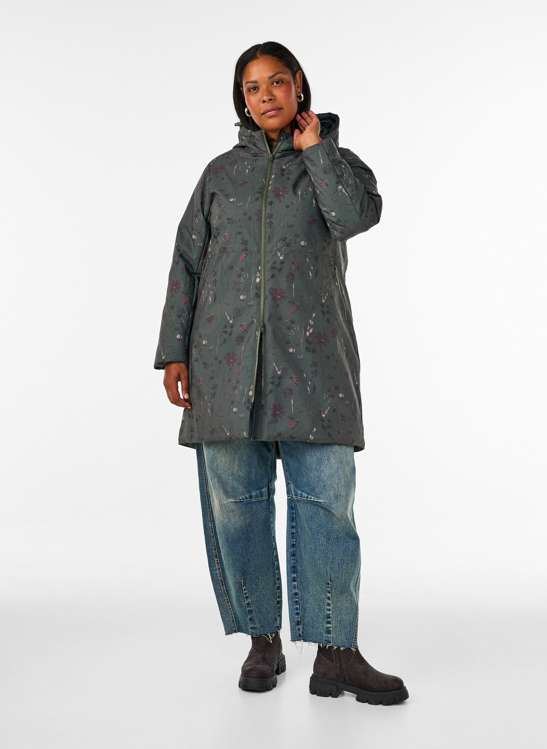 ZizzifashionPadded winter jacket with floral print, Green, Model image number 1