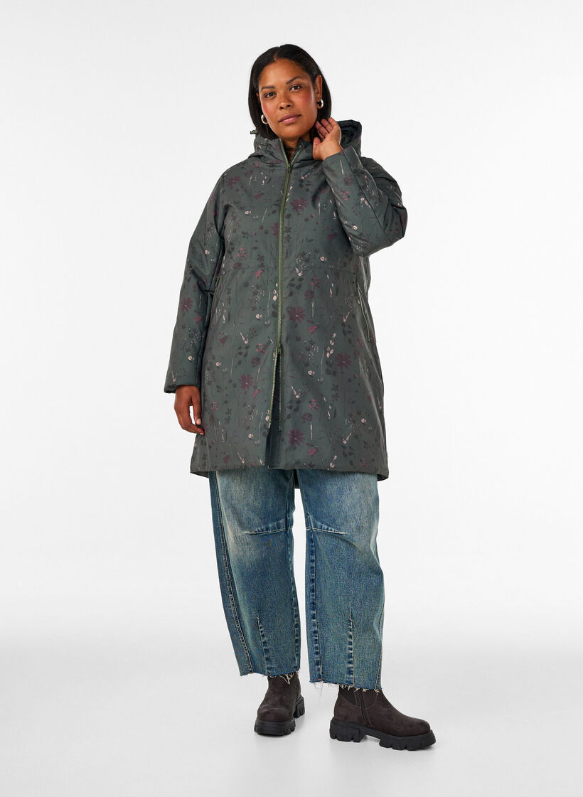 Padded winter jacket with floral print, Green, Model image number 1