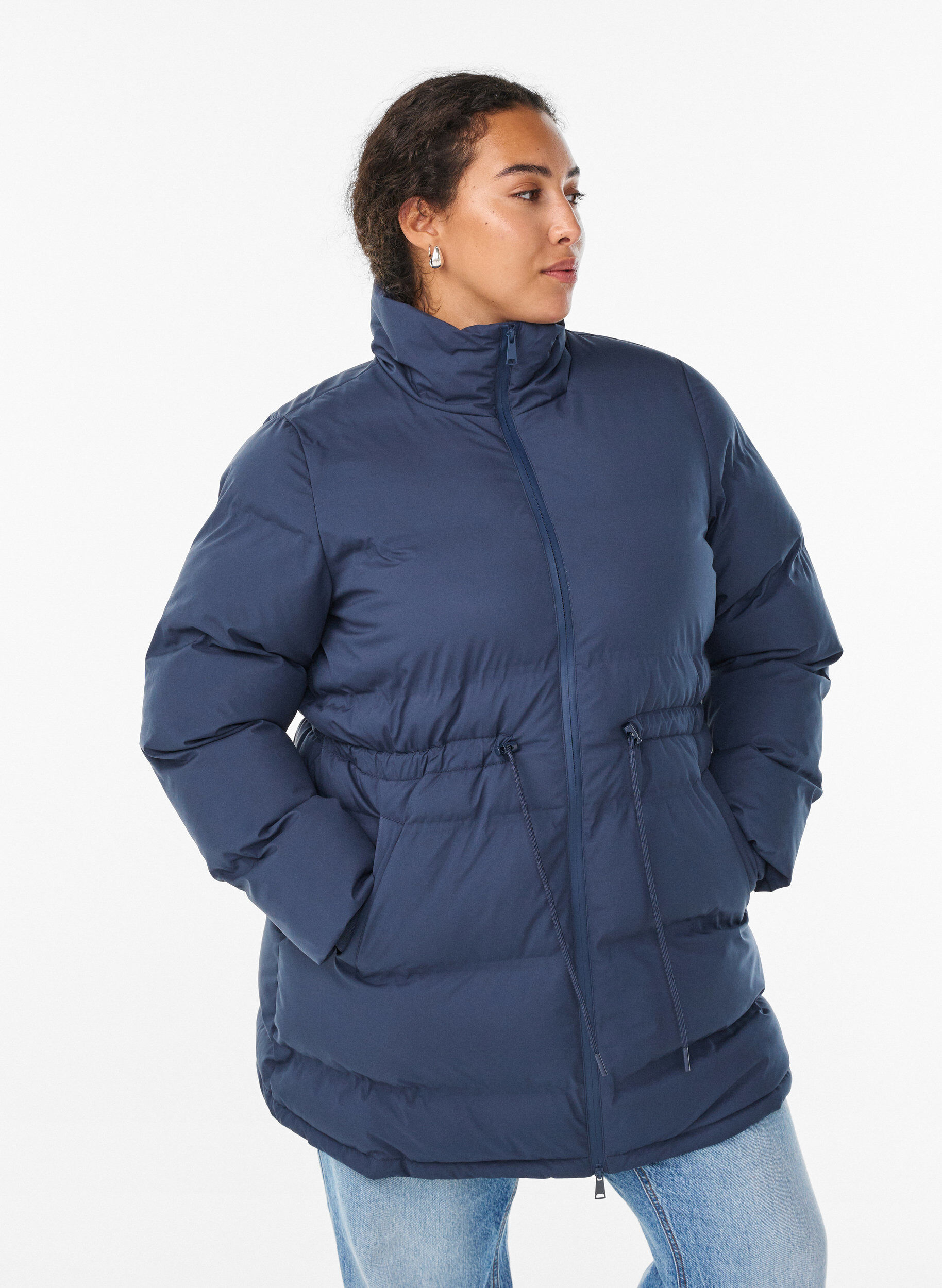 Mid-length puffer jacket with adjustable waist, Blue, Model