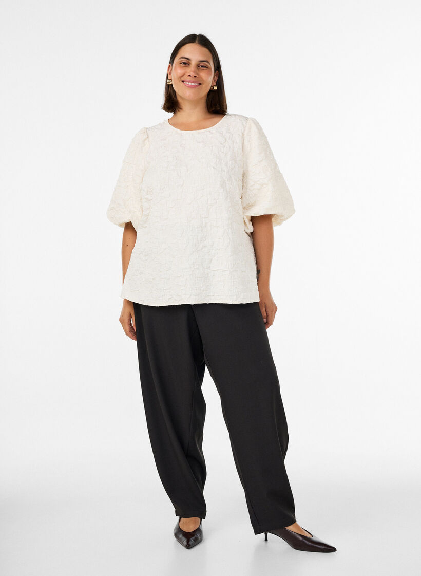 Jacquard blouse with puff sleeves and an A-line shape, Vanilla, Model image number 1