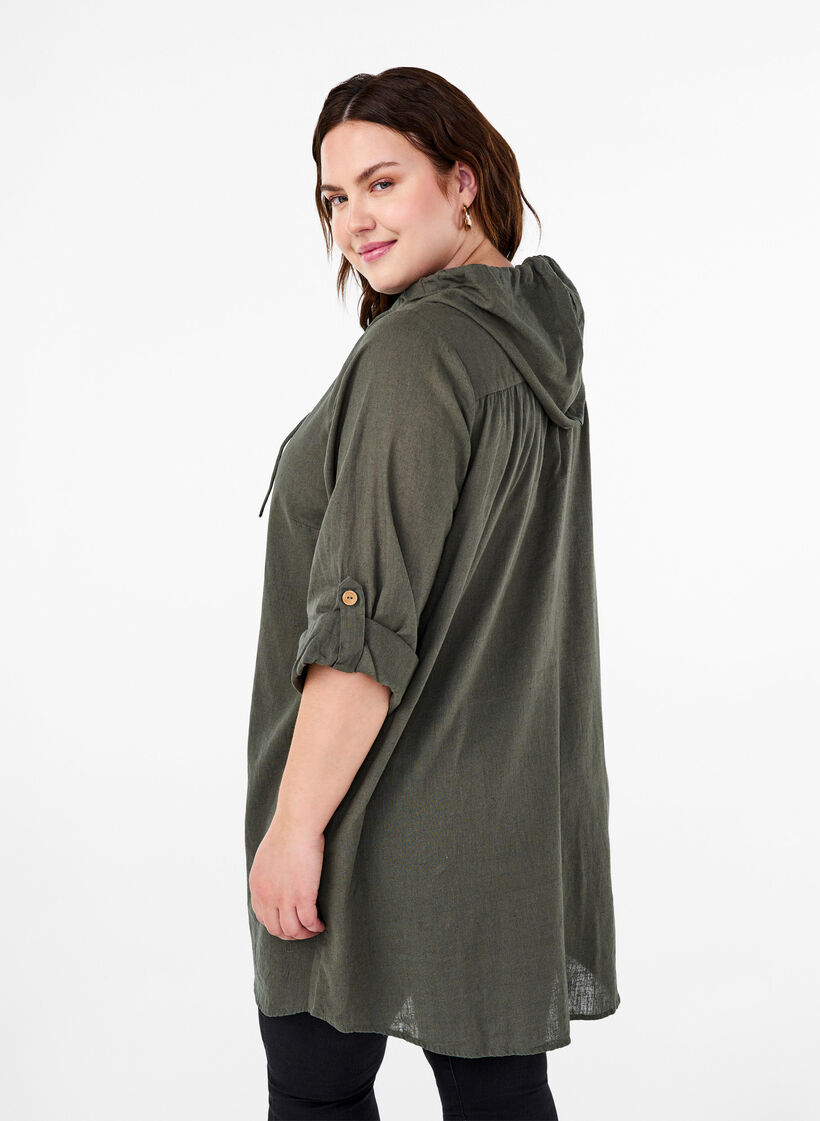 Hooded tunic in cotton and linen, Thyme, Model image number 1