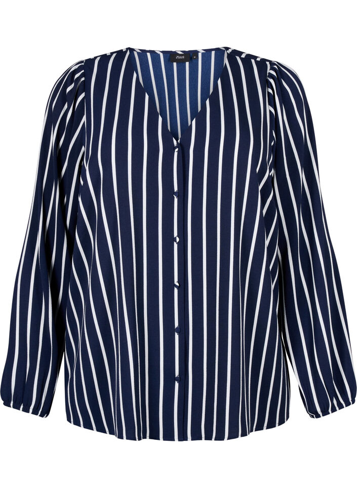 Shirt blouse with v-neck and print, Maritime Blue Stripe, Packshot image number 0