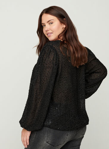 Textured blouse with smocking and a V-neck, Black, Model image number 1