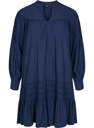 Long-sleeves viscose dress with smock details, Navy Blazer, Packshot image number 0