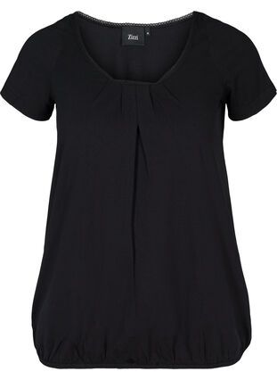 Short-sleeved t-shirt with a round neck and lace trim, Black, Packshot image number 0
