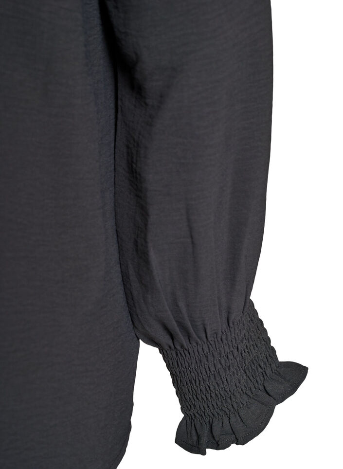 Blouse with smock cuffs and V-neck, Dark Grey, Packshot image number 3