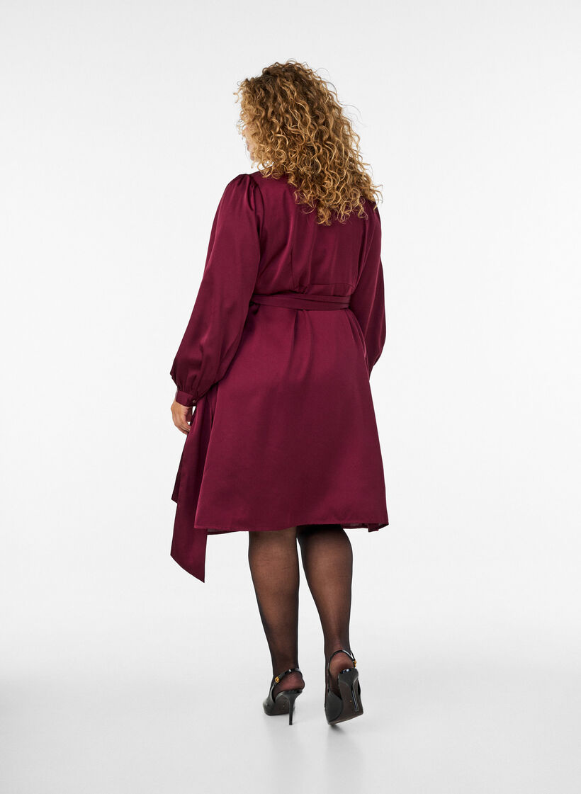 Short satin dress with wrap design, Red, Model image number 1