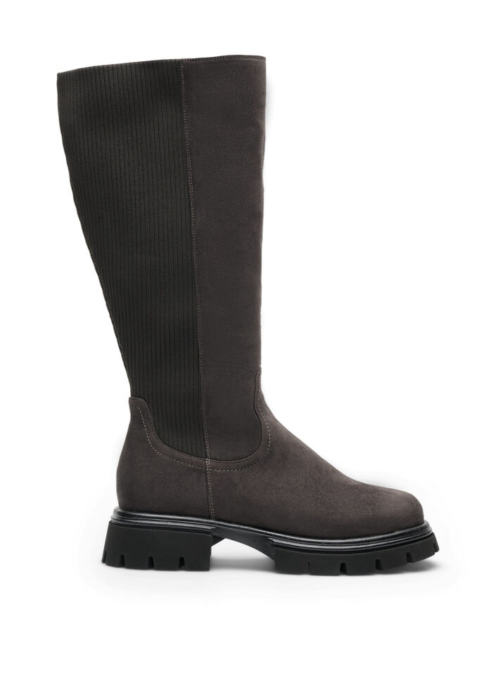 Tall boot in faux suede with ribbed panels, Brown, Packshot image number 0