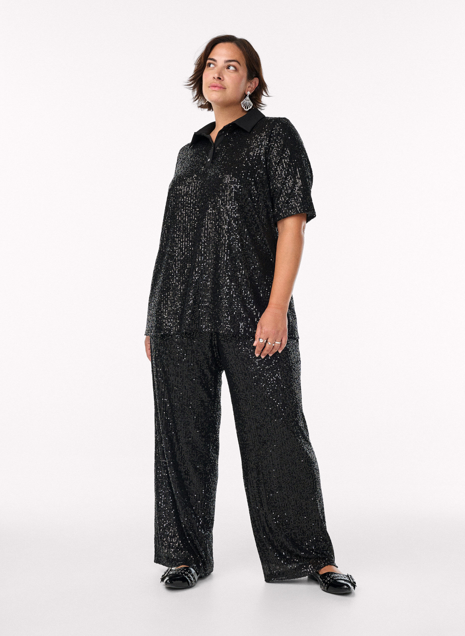 High-waisted sequin trousers with wide legs, Black, Model