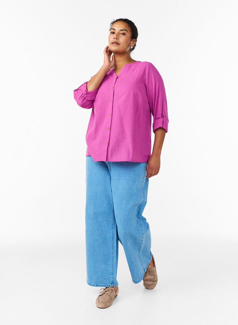 Cotton shirt blouse with V-neck, Pink, Model image number 1