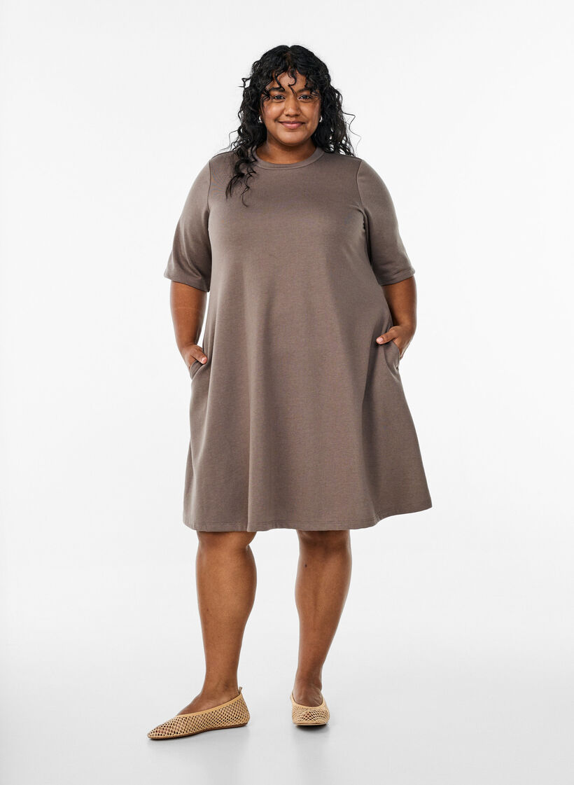 Knee-length jersey dress with pockets and A-line shape, Brown, Model image number 1