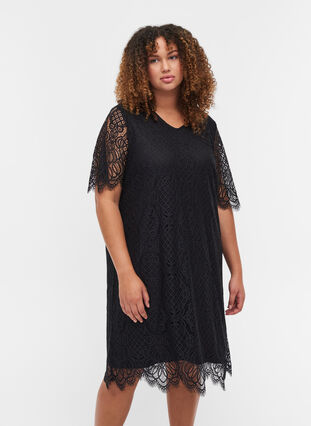 Short-sleeved v-neck lace dress, Black, Model image number 0
