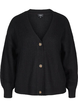 Short rib-knitted cardigan with a V-neckline, Black, Packshot image number 0
