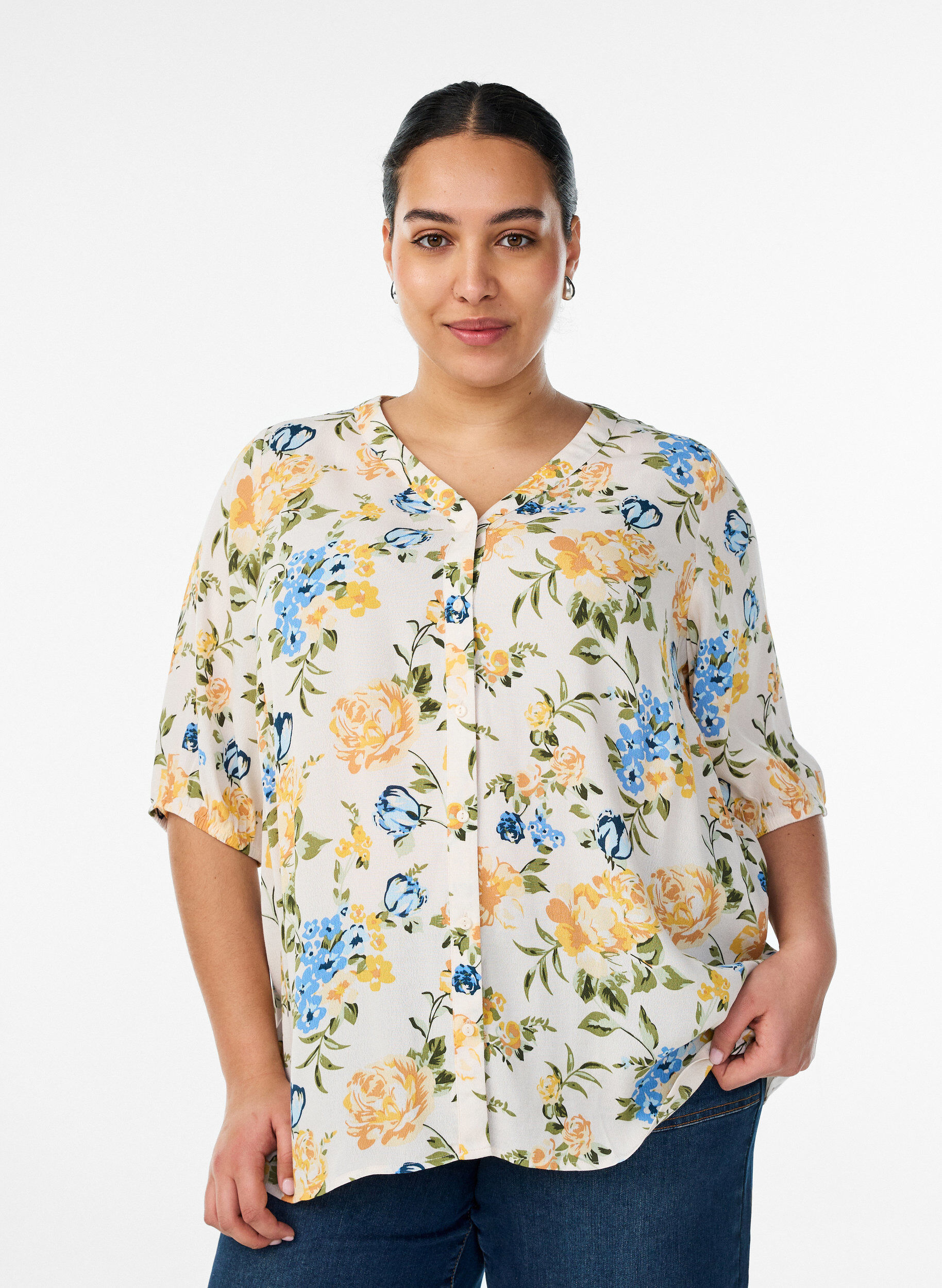 Zizzifashion Viscose blouse with print and button fastening, Vanilla, Model image number 0