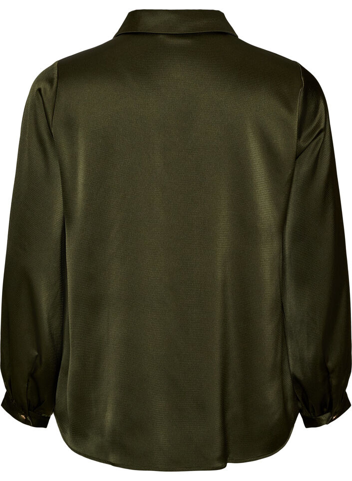 Blouse with shirt collar and V-neck, Green, Packshot image number 1
