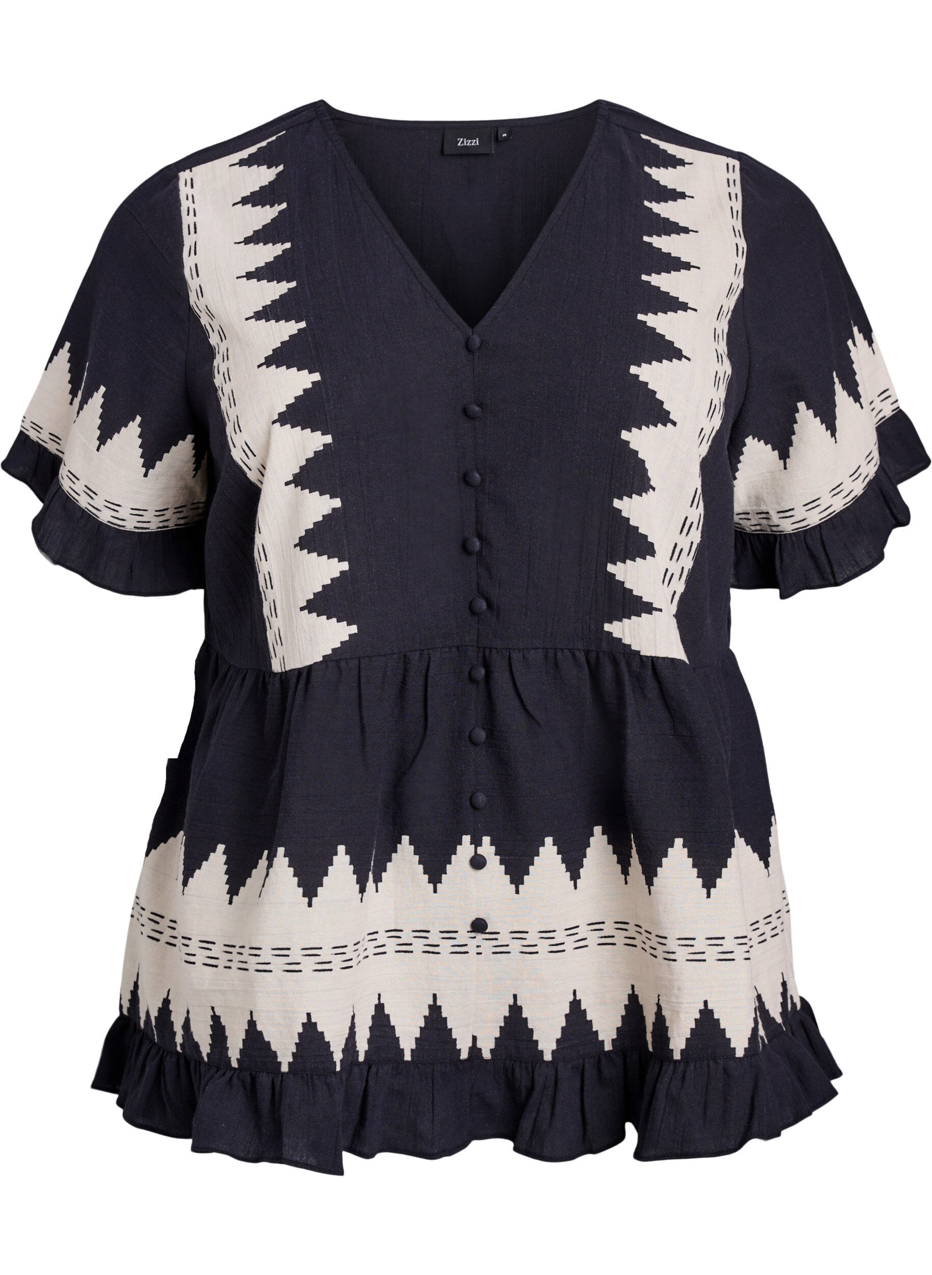 Zizzifashion Short-sleeved blouse with ruffles and graphic pattern, Black, Packshot image number 0