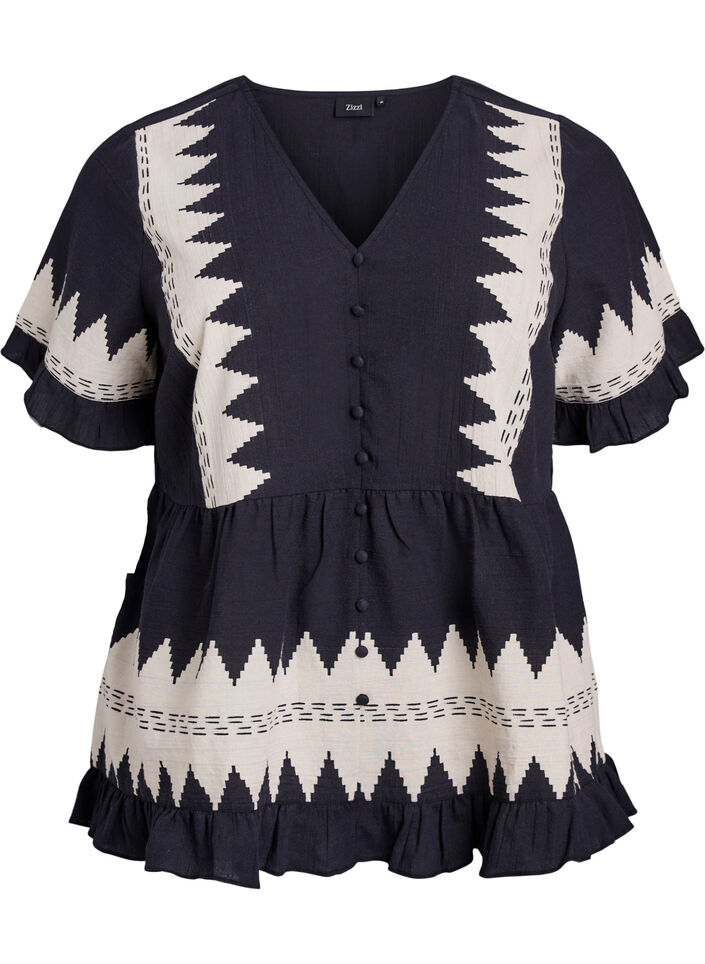 Short-sleeved blouse with ruffles and graphic pattern, Black, Packshot image number 0