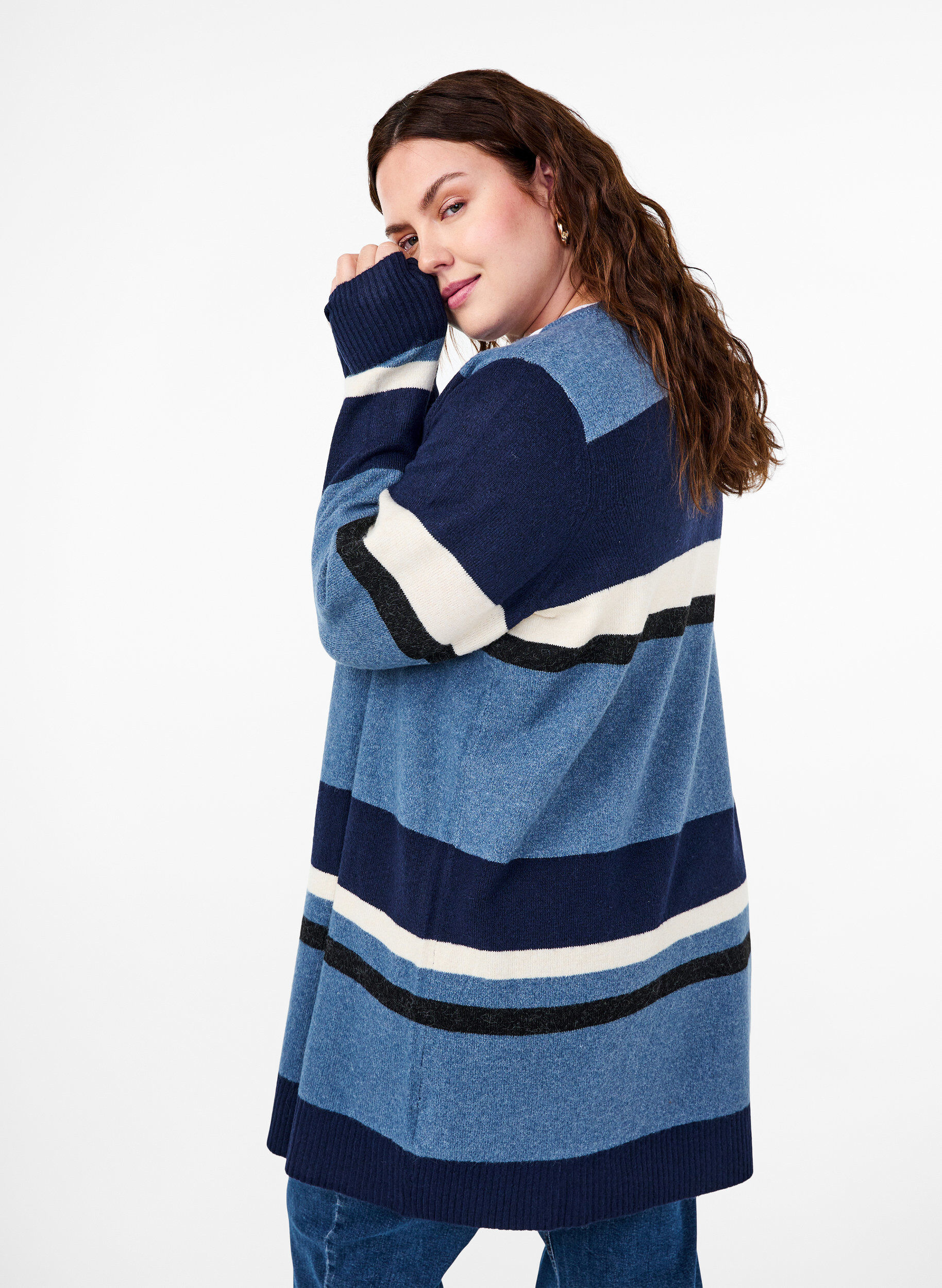 Zizzifashion Long knit cardigan with wide stripes, Blue, Model image number 2