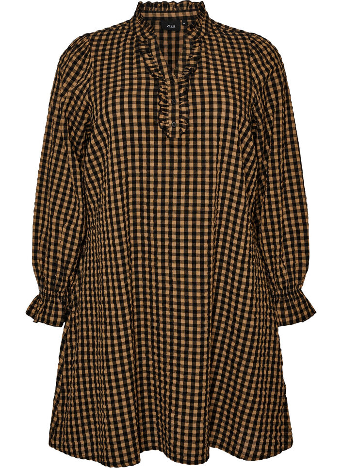 Checked cotton dress with ruffle details, Brown, Packshot image number 0