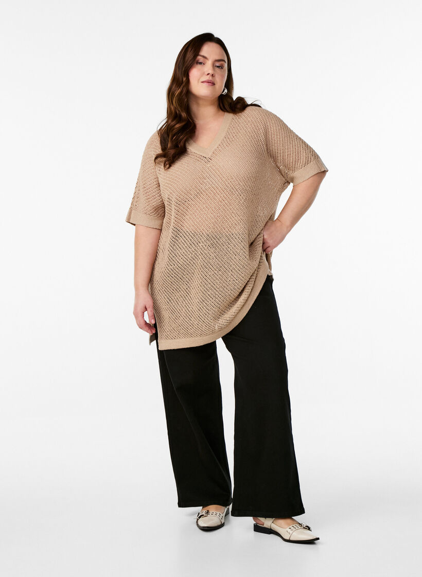 FLASH - Short-sleeved knitted blouse with v-neck, Beige, Model image number 1
