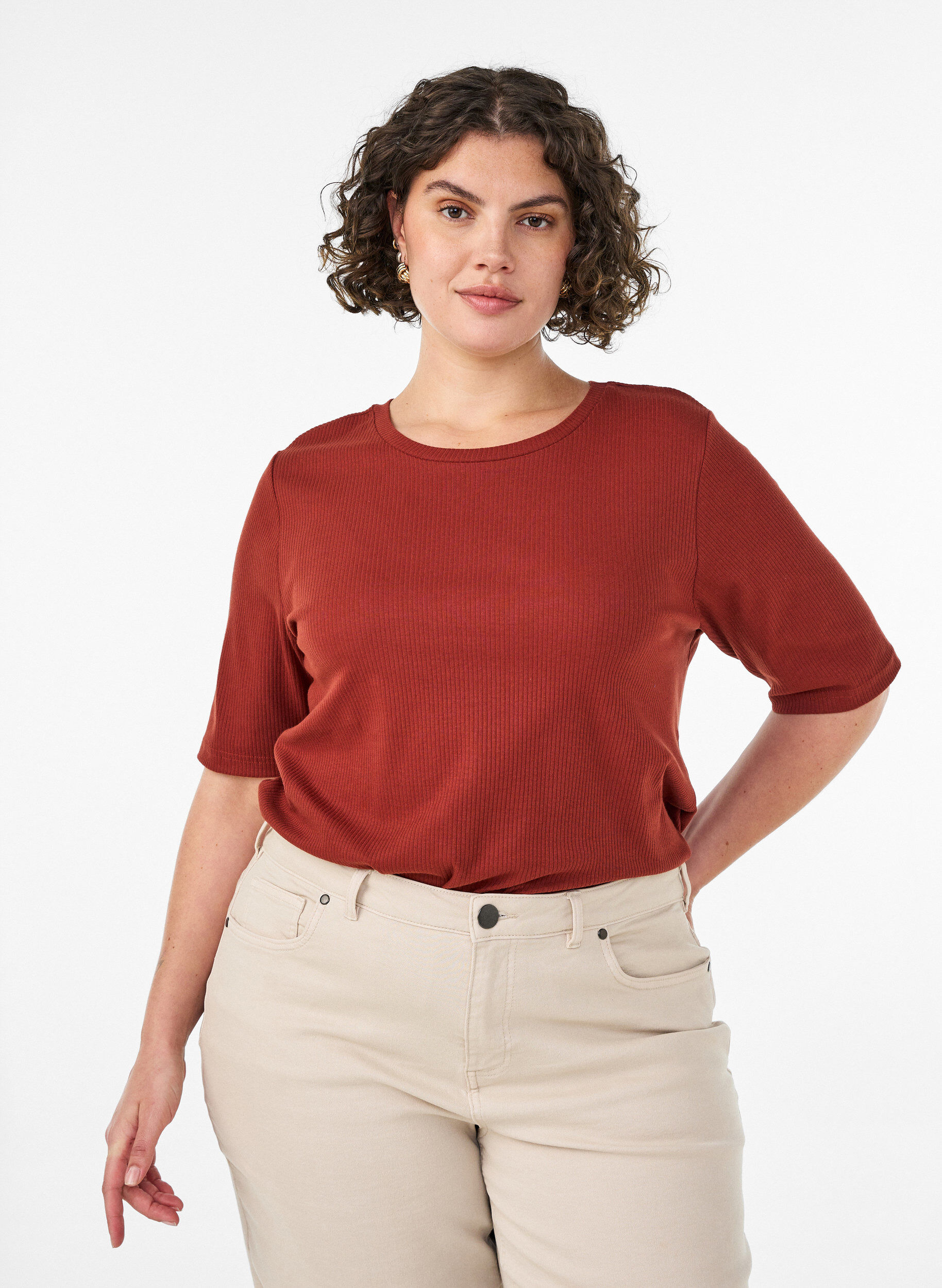 Zizzifashion Ribbed jersey blouse with short sleeves, Red, Model image number 0