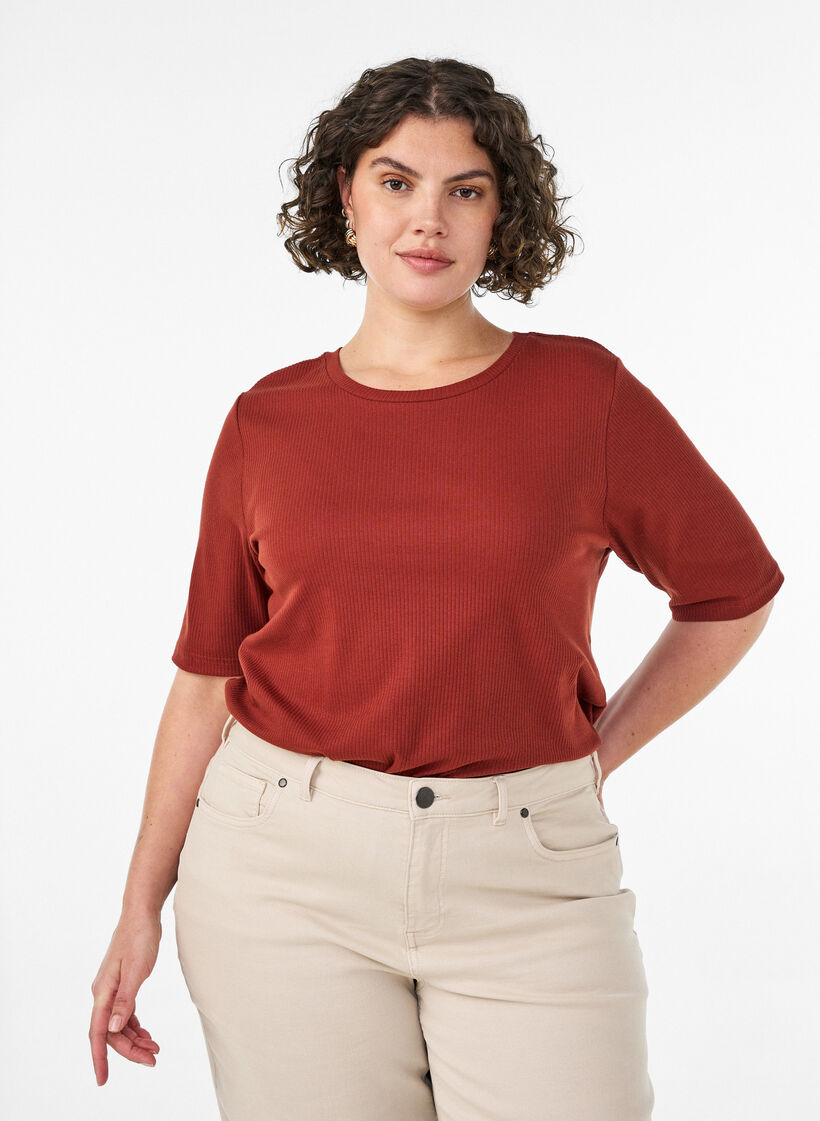 Ribbed jersey blouse with short sleeves, Red, Model image number 0