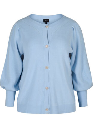 Knitted cardigan with puffy sleeves, Chambray Blue Mel., Packshot image number 0