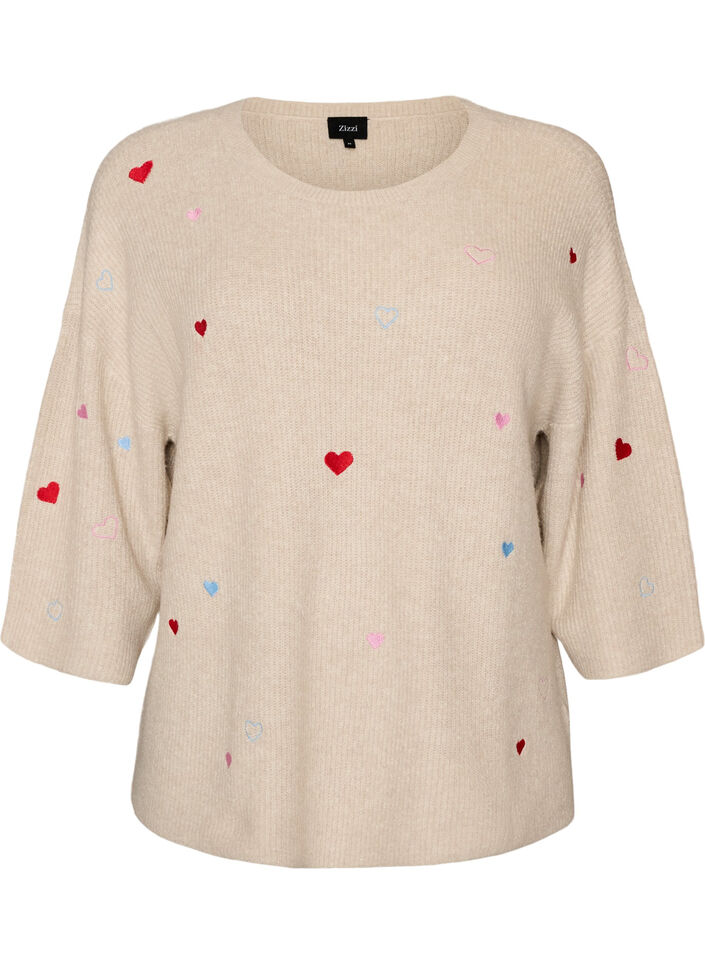 Knitted blouse with hearts and 3/4 sleeves, Beige, Packshot image number 0
