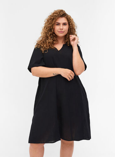 Short-sleeved dress in a cotton blend with linen, Black, Model image number 0