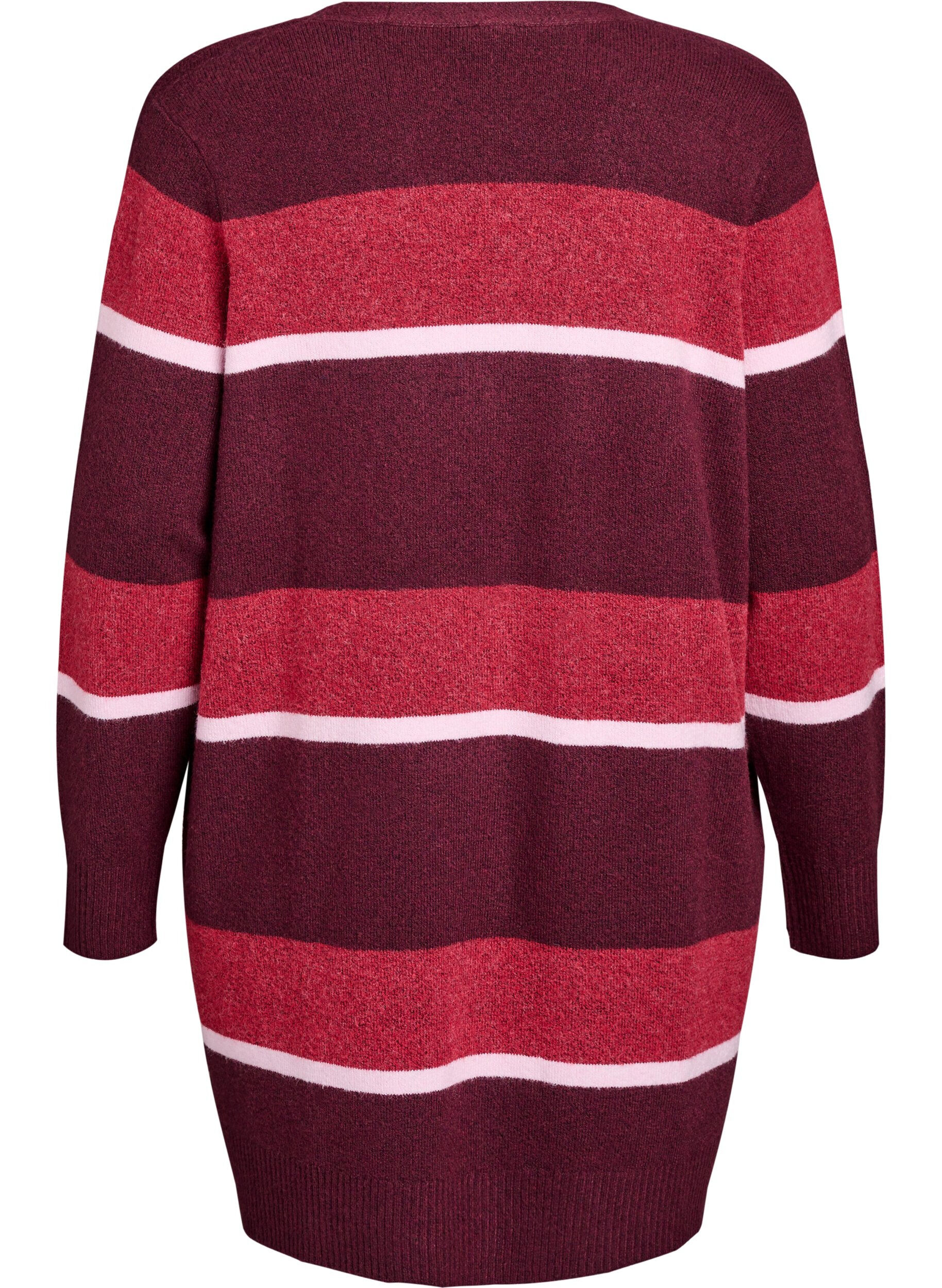 Zizzifashion Long knit cardigan with wide stripes, Dark Bordeaux, Packshot image number 1