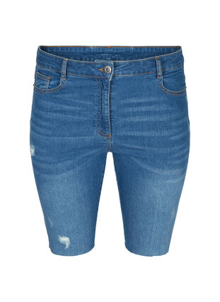 Denim shorts with pockets and a raw-cut hem, Blue denim, Packshot image number 0