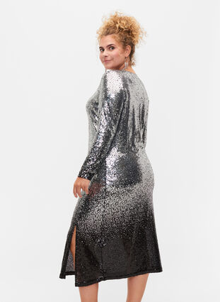 Sequin dress with long sleeves and slit, Silver Black, Model image number 1